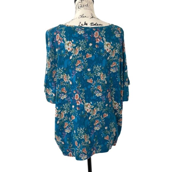 Natural Life Womens V-Neck Blouse Top Short Sleeve Floral Blue Boho Size M - Picture 3 of 7